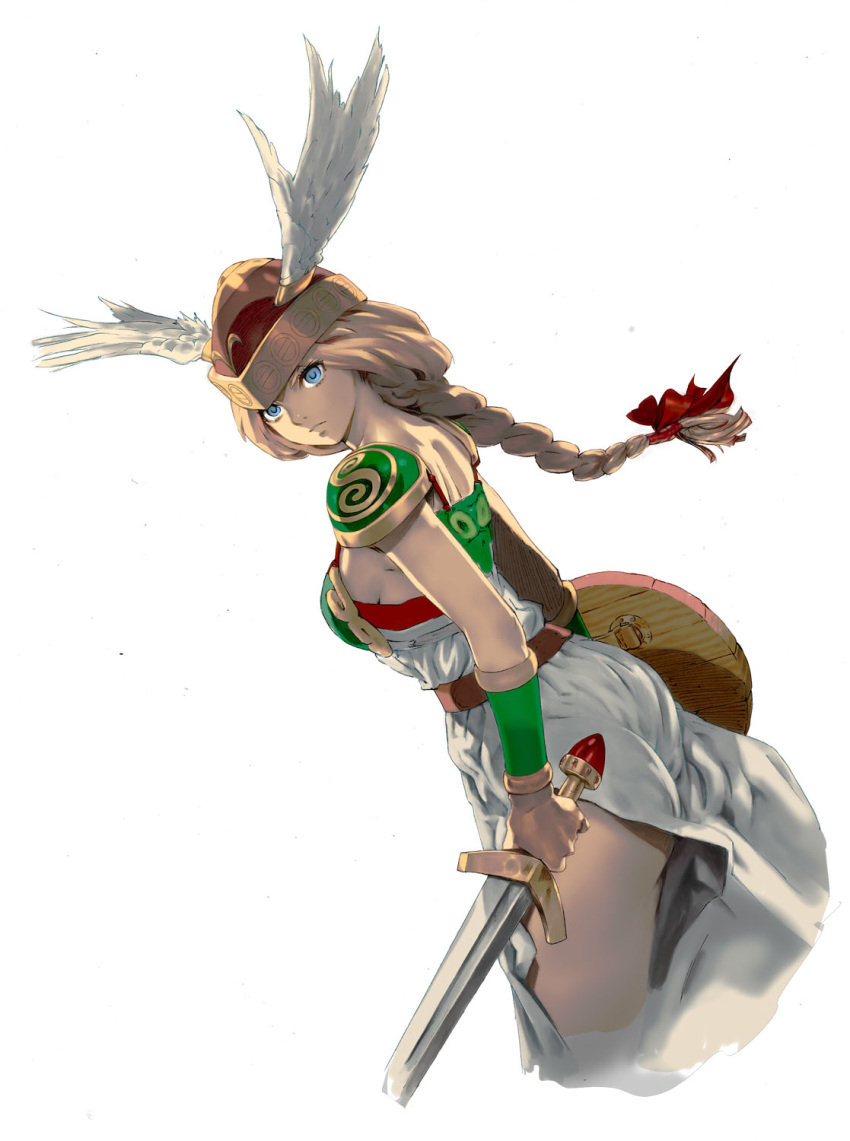 armor, armored_dress, ass, blonde_hair, blue_eyes, braid, breasts, head_wings