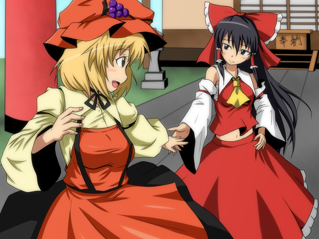 1024x768, aki_minoriko, black_eye, black_eyes, black_hair, blonde_hair, bow, dress