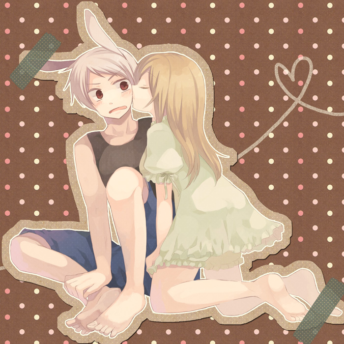 1girl, animal_ears, axis_powers_hetalia, bad_id, barefoot, blush, brown_eyes, brown_hair