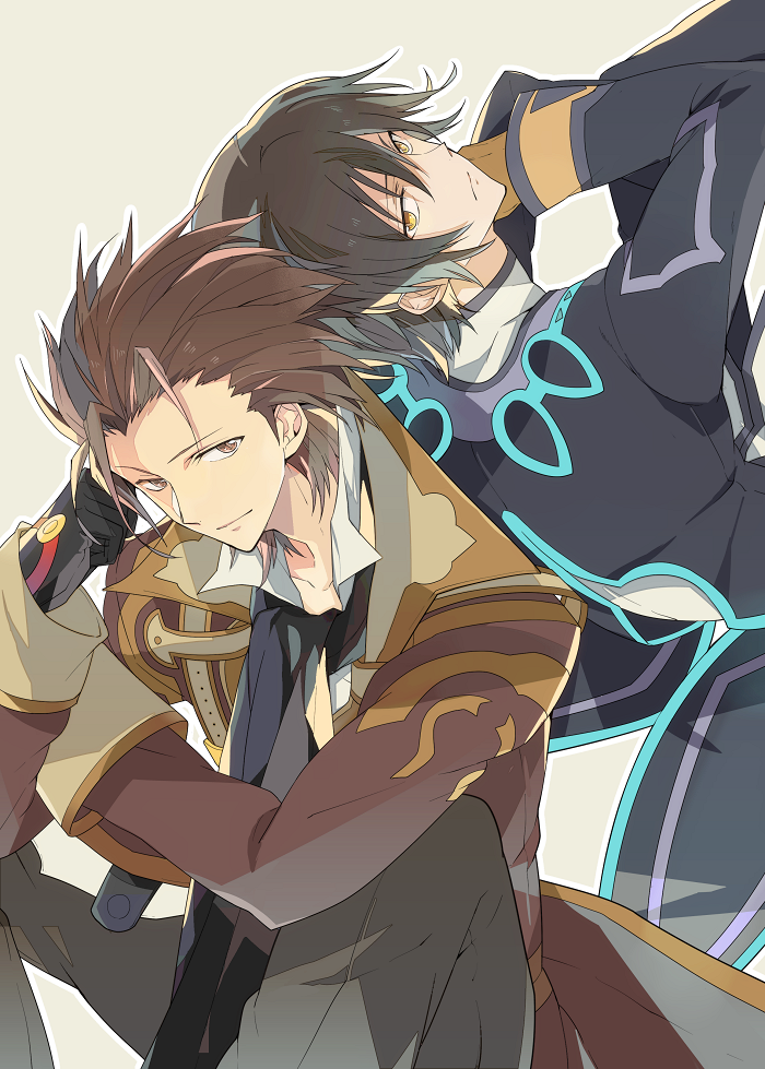 alvin_(tales_of_xillia), back-to-back, black_hair, brown_eyes, brown_hair, coat, cravat, gloves