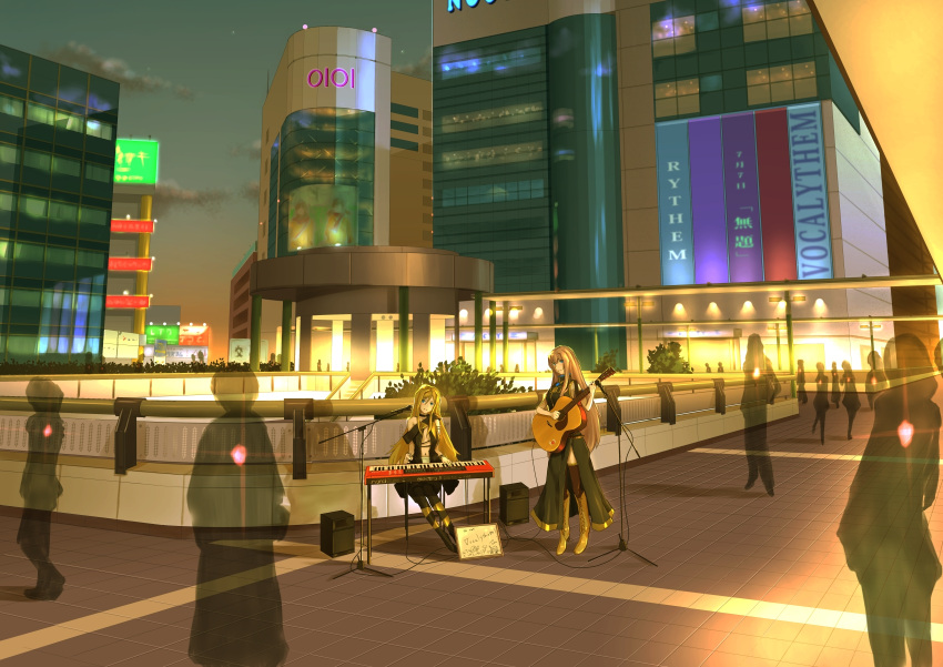 blonde_hair, blue_eyes, boots, choker, guitar, highres, instrument, keyboard_(instrument)