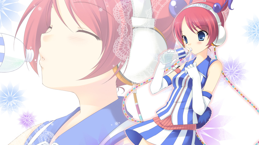 akikoloid-chan, aomi, aomi_riru, blue_eyes, bottle, closed_eyes, drinking, elbow_gloves, eyes_closed, gloves, hair_ornament, headphones, highres, musical_note, solo, vest, vocaloid, water_bottle