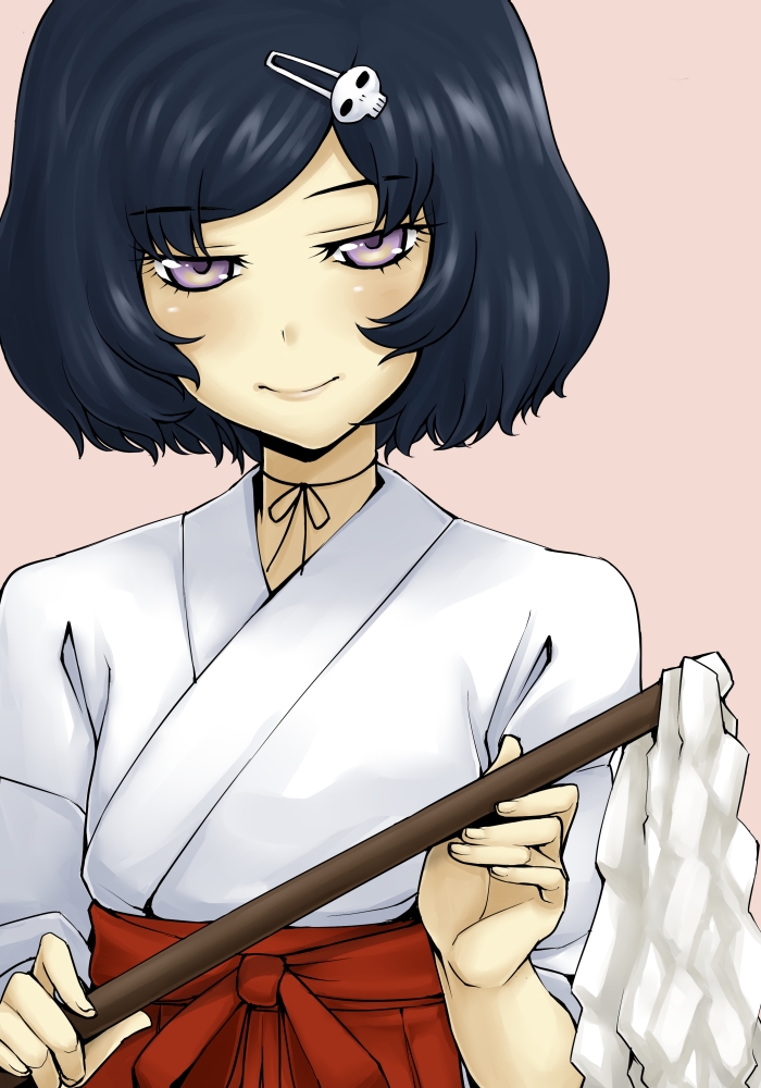 black_hair, blush, gohei, hair_ornament, hairclip, japanese_clothes, karute, male