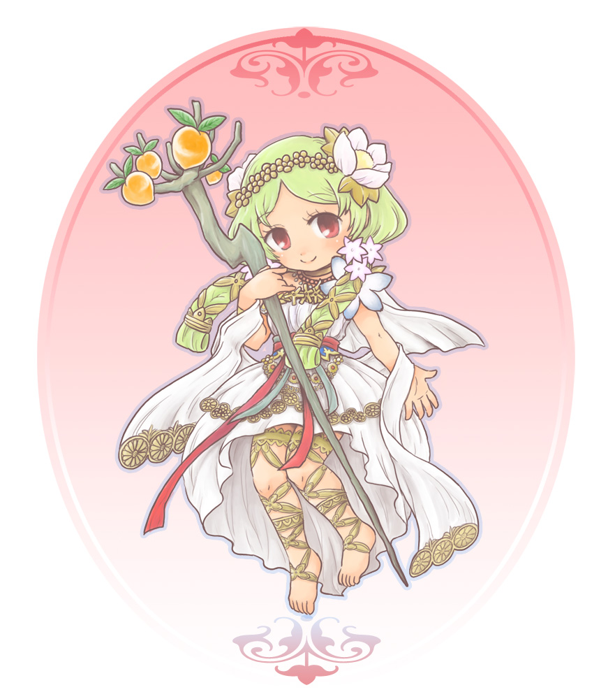 chibi, flower, food, fruit, green_hair, hair_flower, hair_ornament, idunn_(reginleiv)