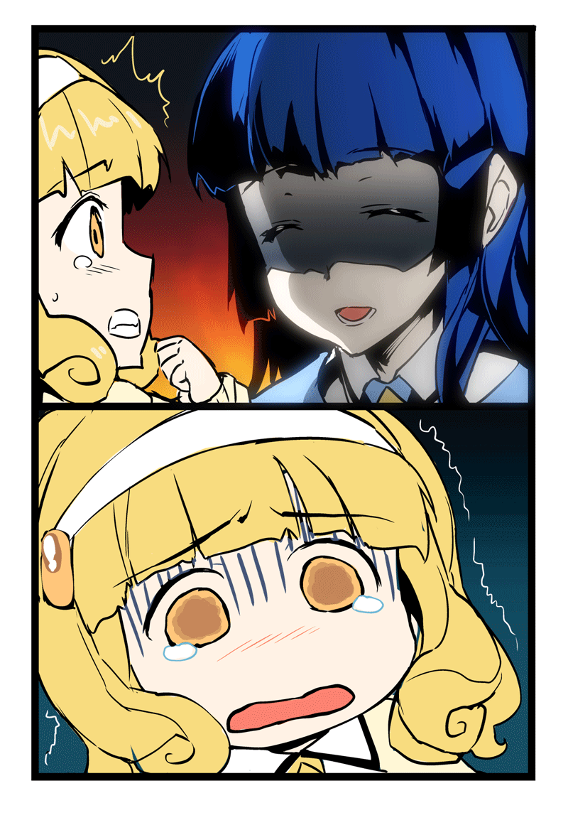 aoki_reika, blonde_hair, blue_hair, blush, cardigan, erect_sawaru, evil, hairband