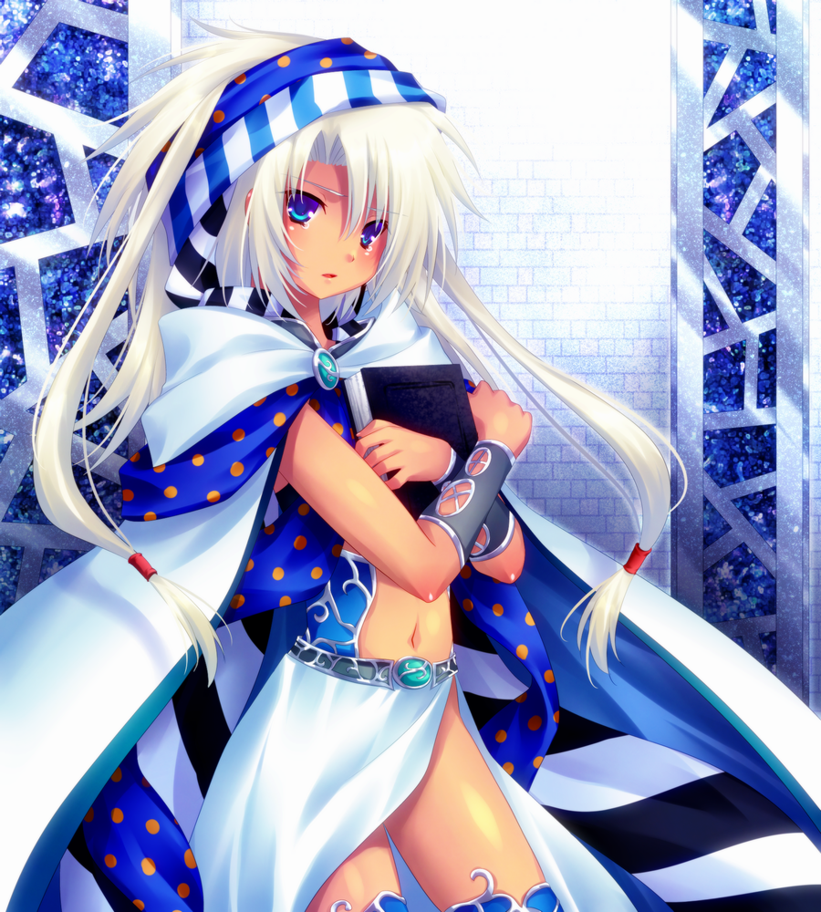 androgynous, blue_eyes, book, book_hug, bracer, cape, deumion, dyumion, final_fantasy, final_fantasy_ii, long_hair, male, minatosaiga, navel, solo, thigh-highs, thighhighs, trap, white_hair