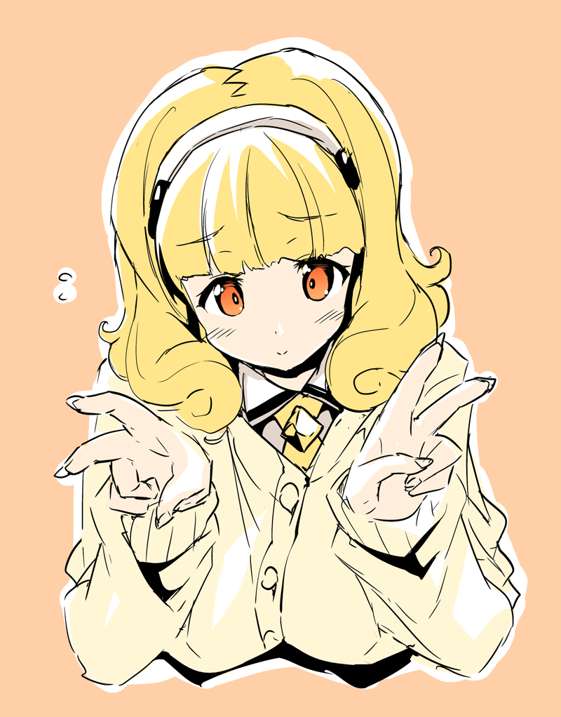 blonde_hair, blush, cardigan, double_v, erect_sawaru, hairband, kise_yayoi, long_hair
