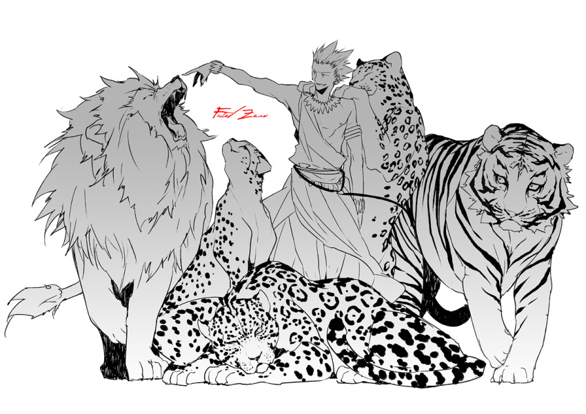 animal, bracelet, cheetah, fate/stay_night, fate/zero, fate_(series), gilgamesh, greyscale