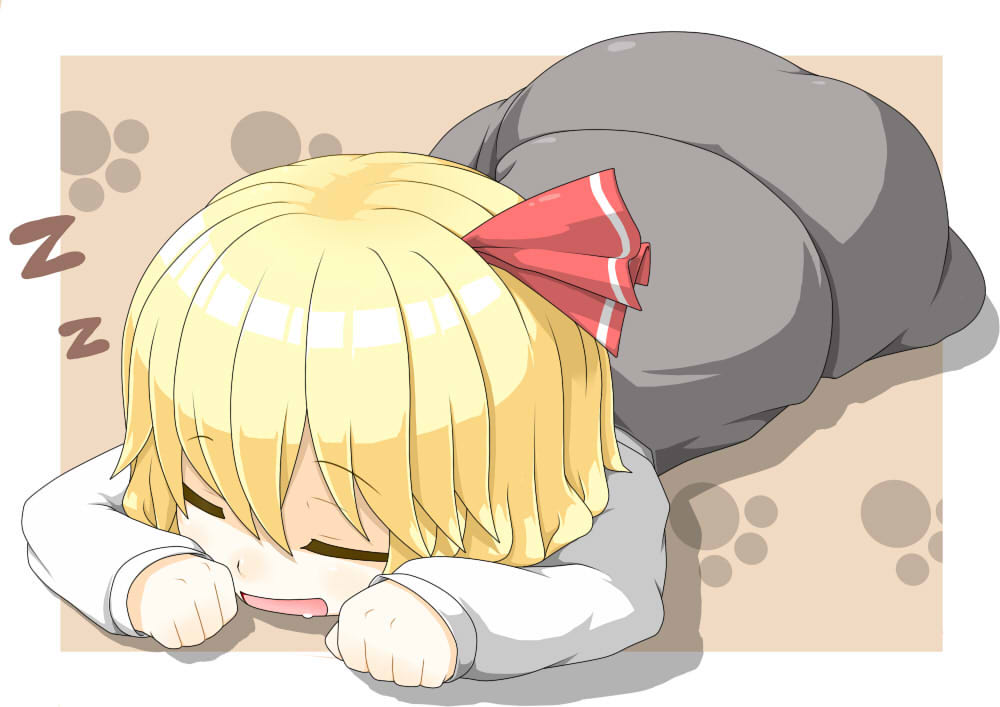 blonde_hair, closed_eyes, drooling, eyes_closed, hair_ribbon, hecchi_(blanch), lying, on_stomach