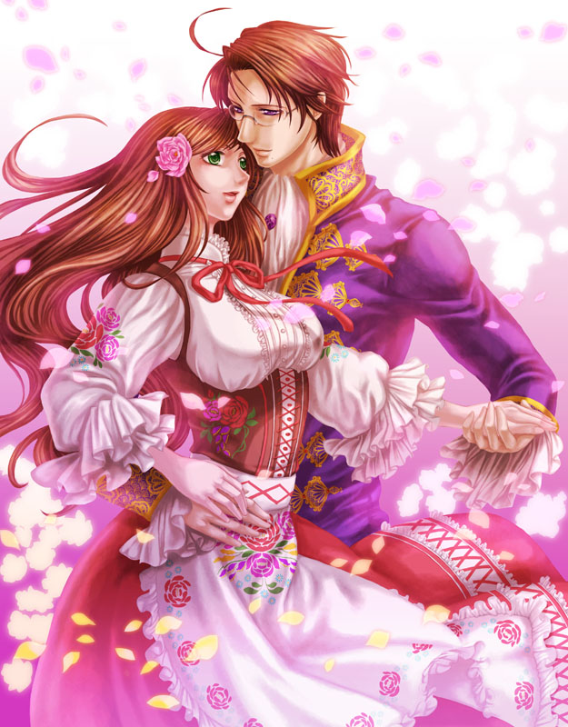 1girl, ahoge, apron, austria_(hetalia), axis_powers_hetalia, bad_id, brown_hair, corset, couple, dancing, dress, floral_print, flower, frills, gathers, glasses, glowing, green_eyes, hair_flower, hair_ornament, hand_holding, holding_hands, hoshikawa_yuu, hungary_(hetalia), long_hair, petals, purple_eyes, ribbon, ruffles, short_hair, smile, traditional_clothes, violet_eyes, yu_05