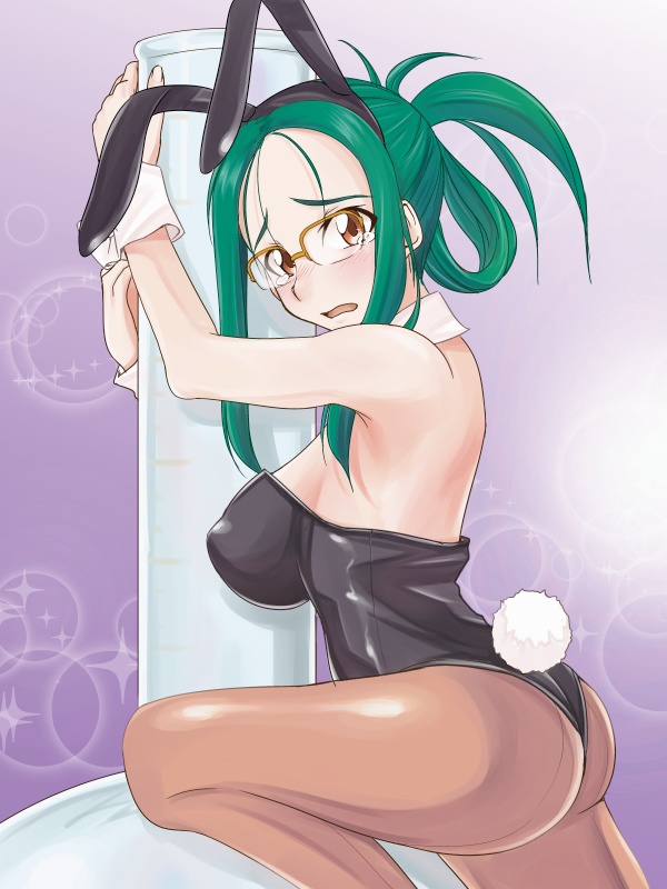 ass, brown_eyes, bunny_ears, bunny_tail, bunnysuit, detached_collar, dream_c_club, glasses