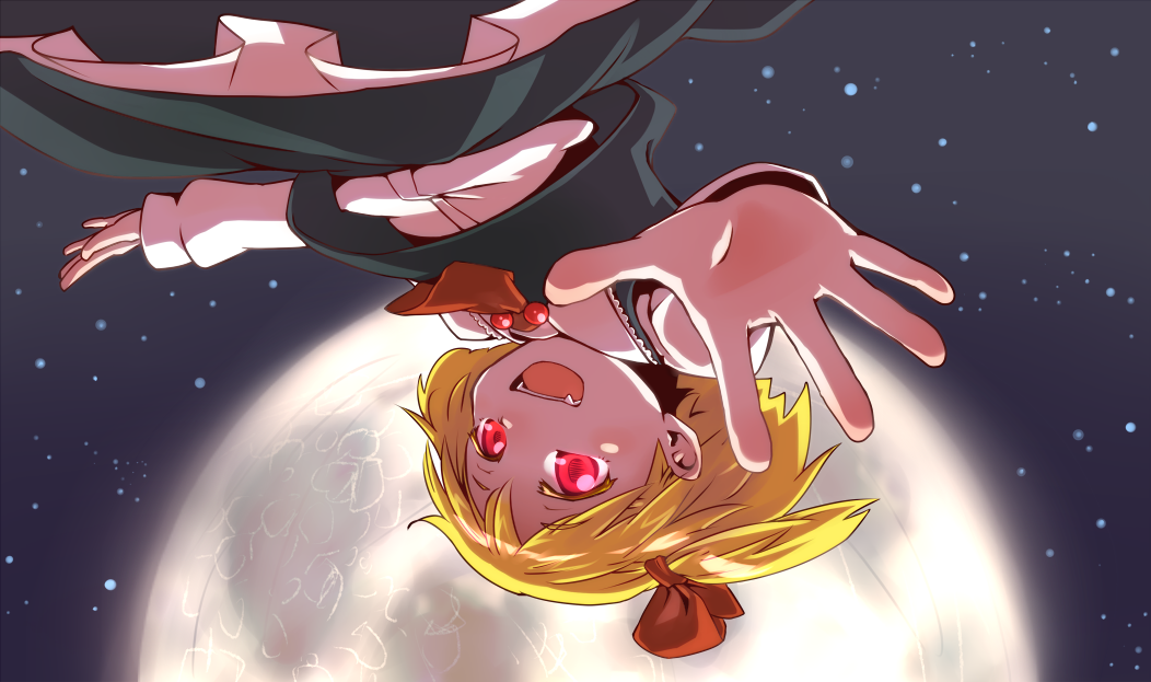 :d, blonde_hair, fangs, full_moon, hair_ribbon, hands, moon, night