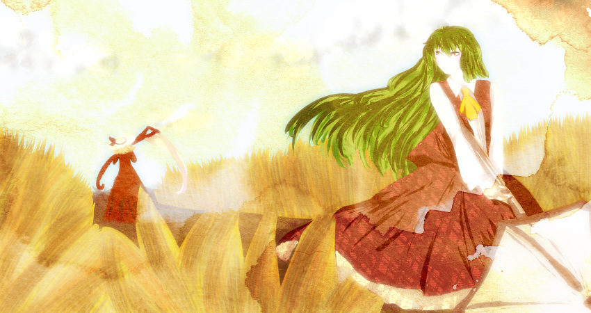 ascot, blonde_hair, dress, dress_shirt, elly, flower, green_hair, highres