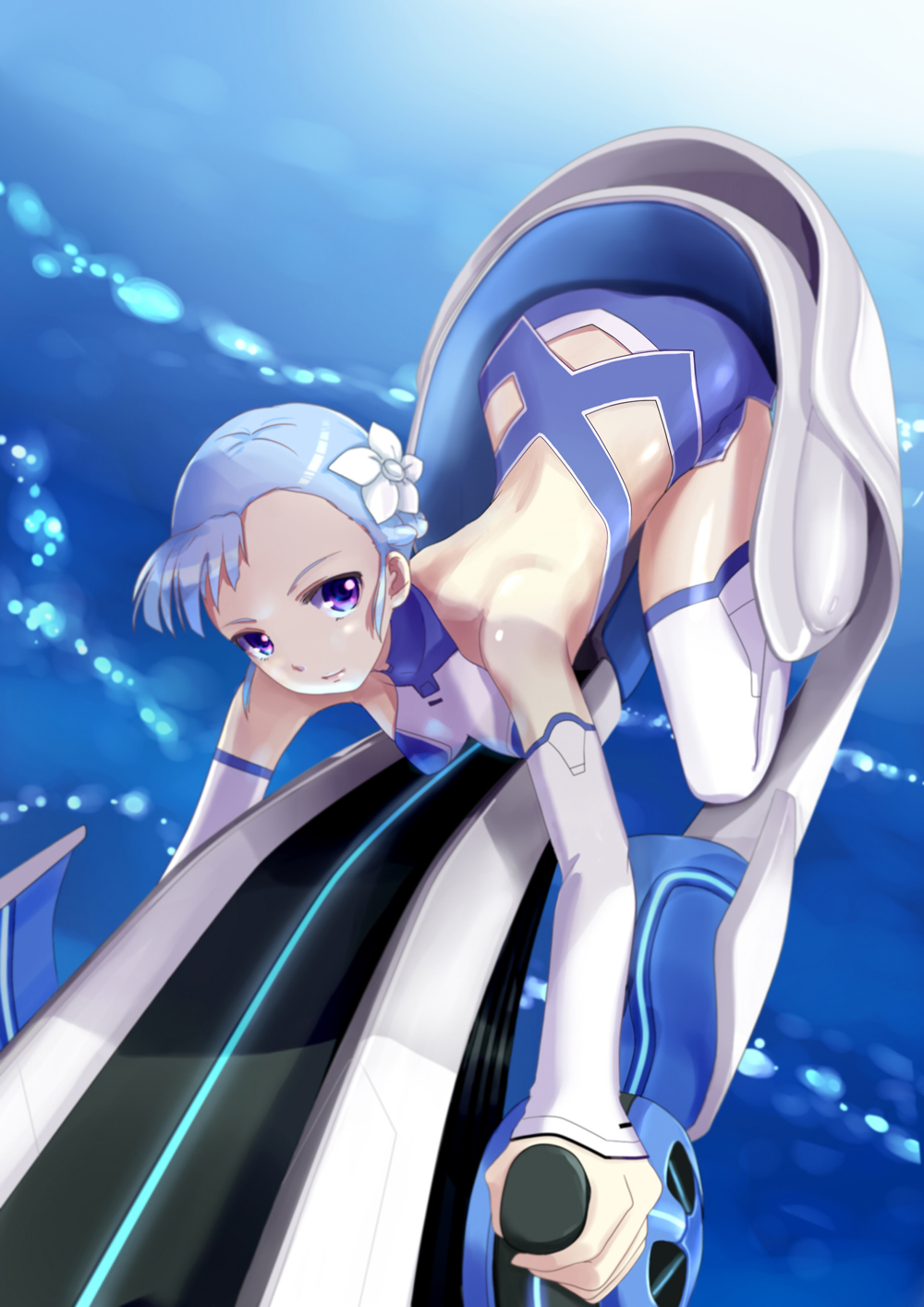 bare_shoulders, bent_over, blue_hair, bodysuit, cockpit, fin_e_ld_si_laffinty, flower, hair_flower
