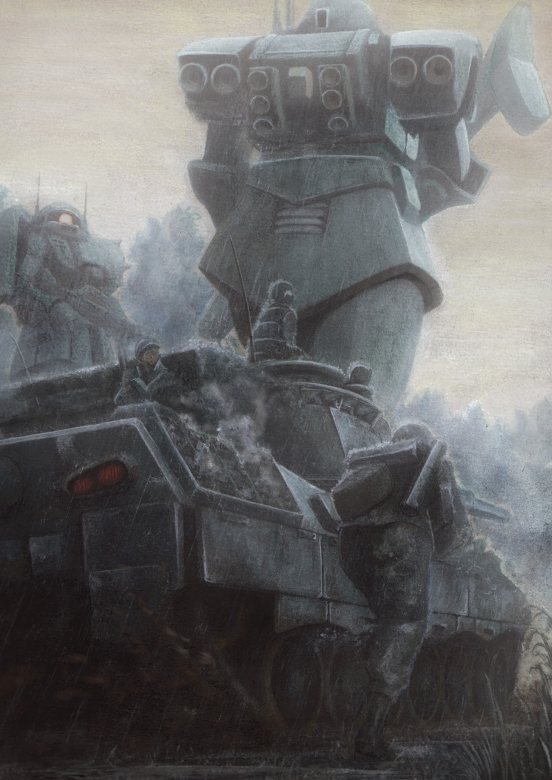 caterpillar_tracks, gundam, mecha, military, military_vehicle, mobile_suit_gundam, nyaou, rain