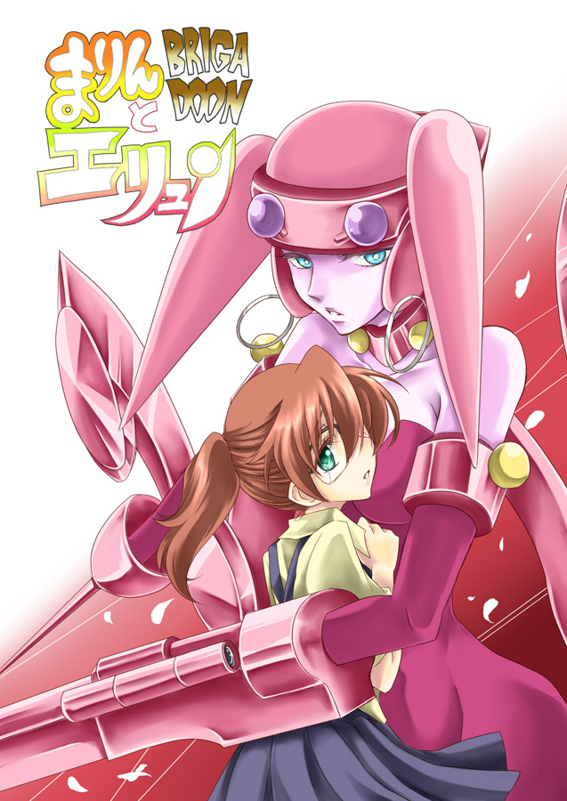 asagi_marin, bare_shoulders, brigadoon, brown_hair, erin_garnet, green_eyes, hug, multiple_girls