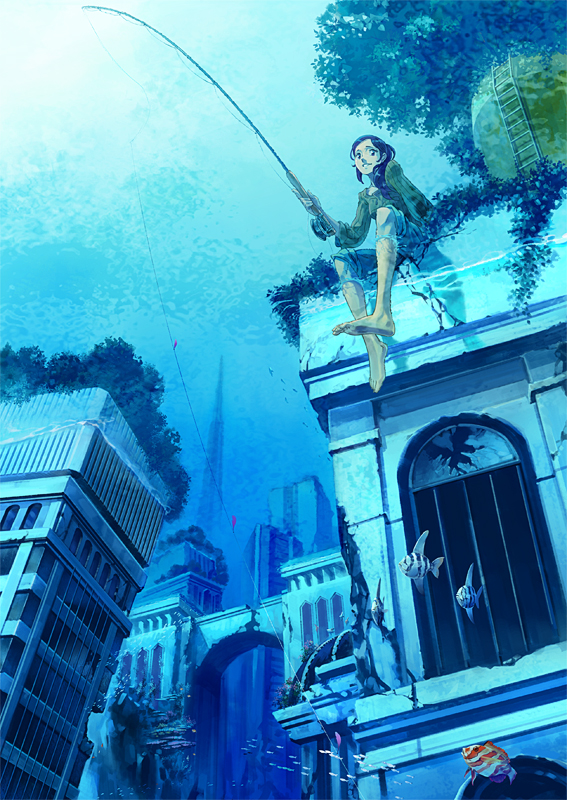 barefoot, blue, broken_glass, building, city, cityscape, feet_in_water, fish