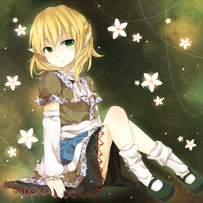 ascot, blonde_hair, detached_sleeves, flower, footwear, green_eyes, hanaon, mary_janes
