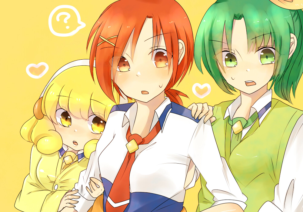 ?, arm_hug, blonde_hair, bow, cardigan, green_eyes, green_hair, hair_bow, hair_ornament, hairband, hairclip, hand_on_shoulder, heart, hino_akane, kise_yayoi, midorikawa_nao, multiple_girls, necktie, ponytail, precure, red_eyes, red_hair, redhead, school_uniform, sleeves_rolled_up, smile_precure!, sweater_vest, tohobiyori, vest, yellow_eyes