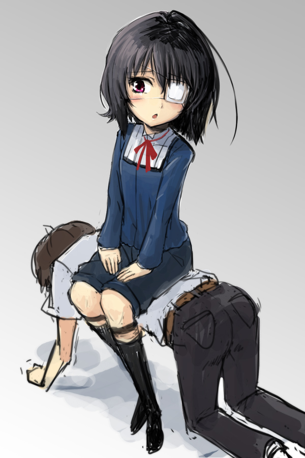 1girl, :o, all_fours, another, black_hair, black_legwear, blush, bowtie