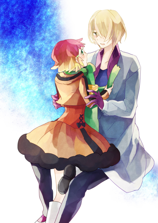 aquarion_evol, blonde_hair, boots, doll, dress, gloves, gradient_hair, green_eyes