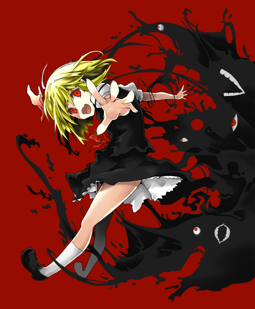 ascot, back, blonde_hair, blush, darkness, eyes, fang, hair_ribbon