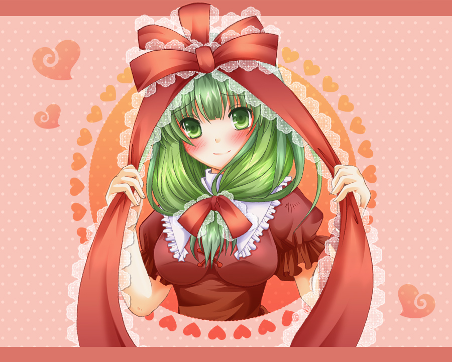 akiiyuuri, breasts, dress, frills, front_ponytail, green_eyes, green_hair, hair_ornament