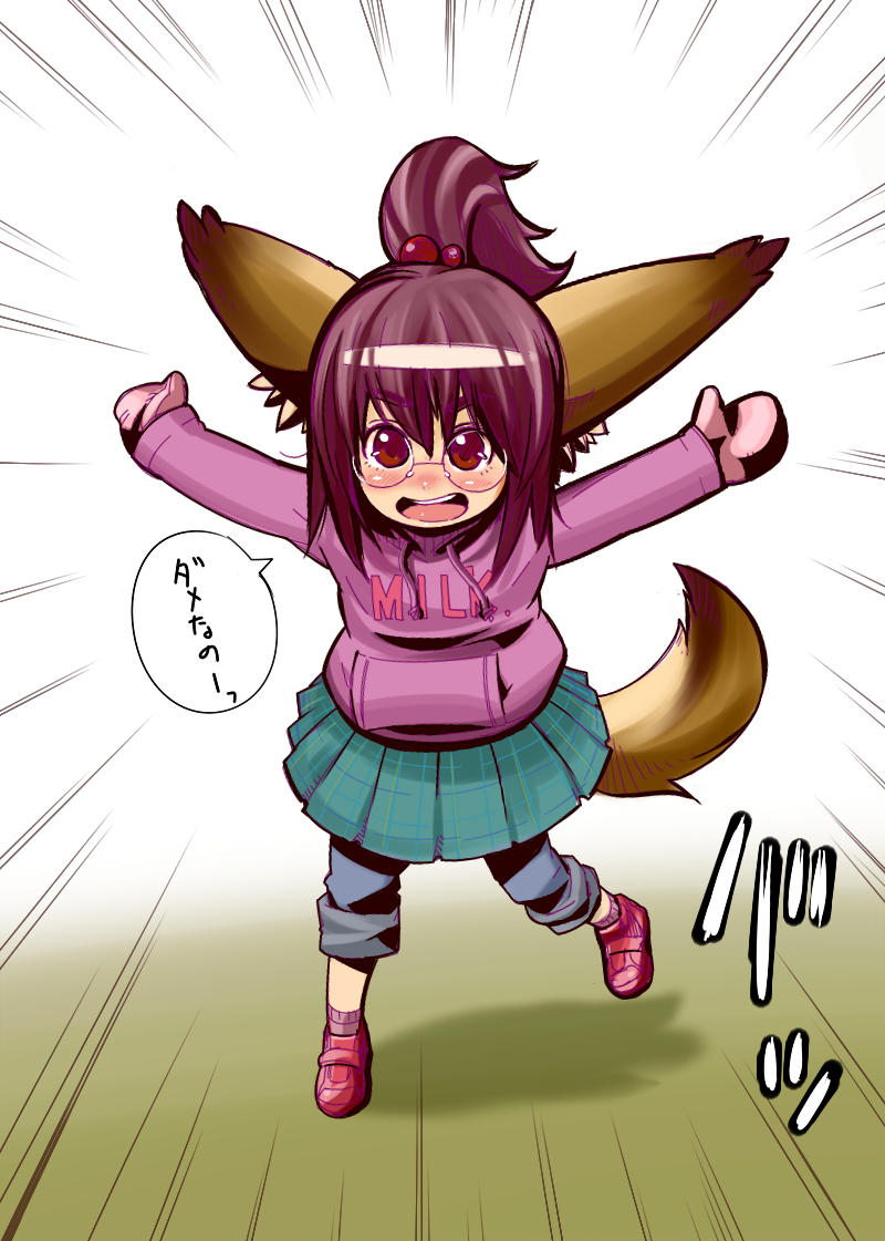 blush, child, fukiishi_ayako, glasses, mittens, motion_lines, open_mouth, original
