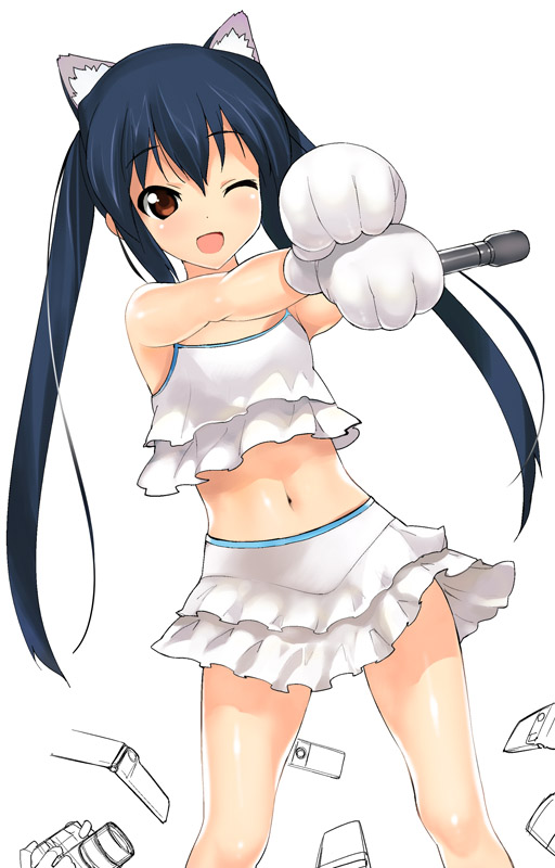 animal_ears, black_hair, blush, brown_eyes, cat_ears, cat_paws, flat_chest, k-on!
