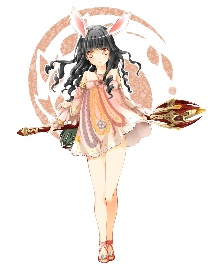 animal_ears, bare_shoulders, black_hair, curly_hair, detached_sleeves, dress, drill_hair, elin_(tera)