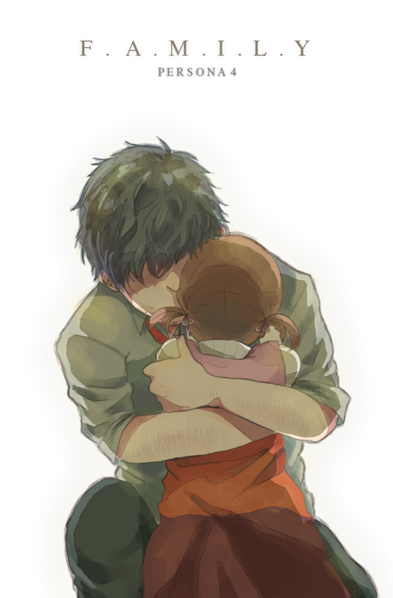 1girl, age_difference, black_hair, brown_hair, child, doujima_nanako, doujima_ryoutarou, dress_shirt