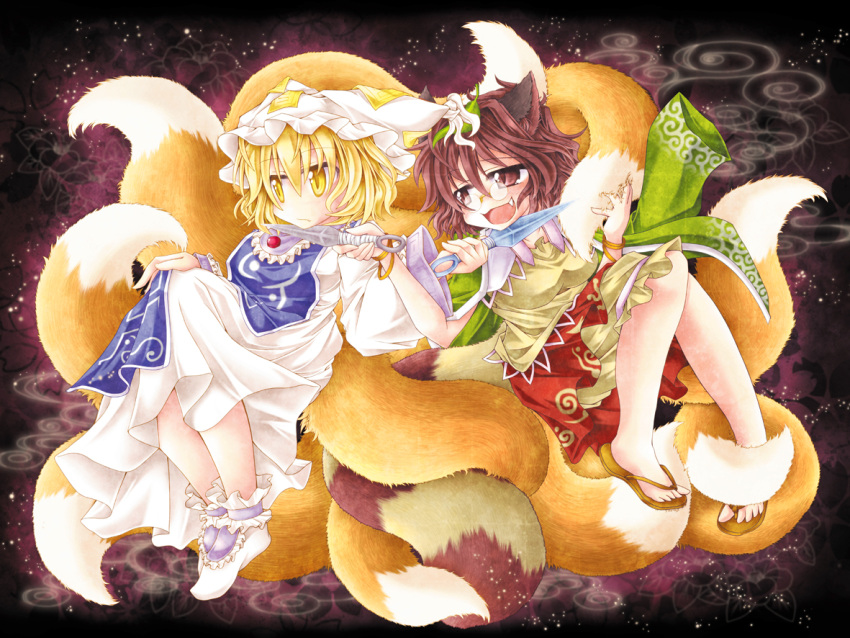 animal_ears, blonde_hair, breasts, brown_eyes, brown_hair, dress, fang, fox_tail