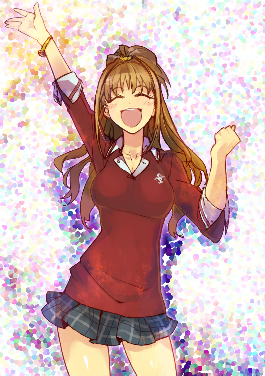 blush, bracelet, breasts, brown_hair, clenched_hand, closed_eyes, eyes_closed, fist
