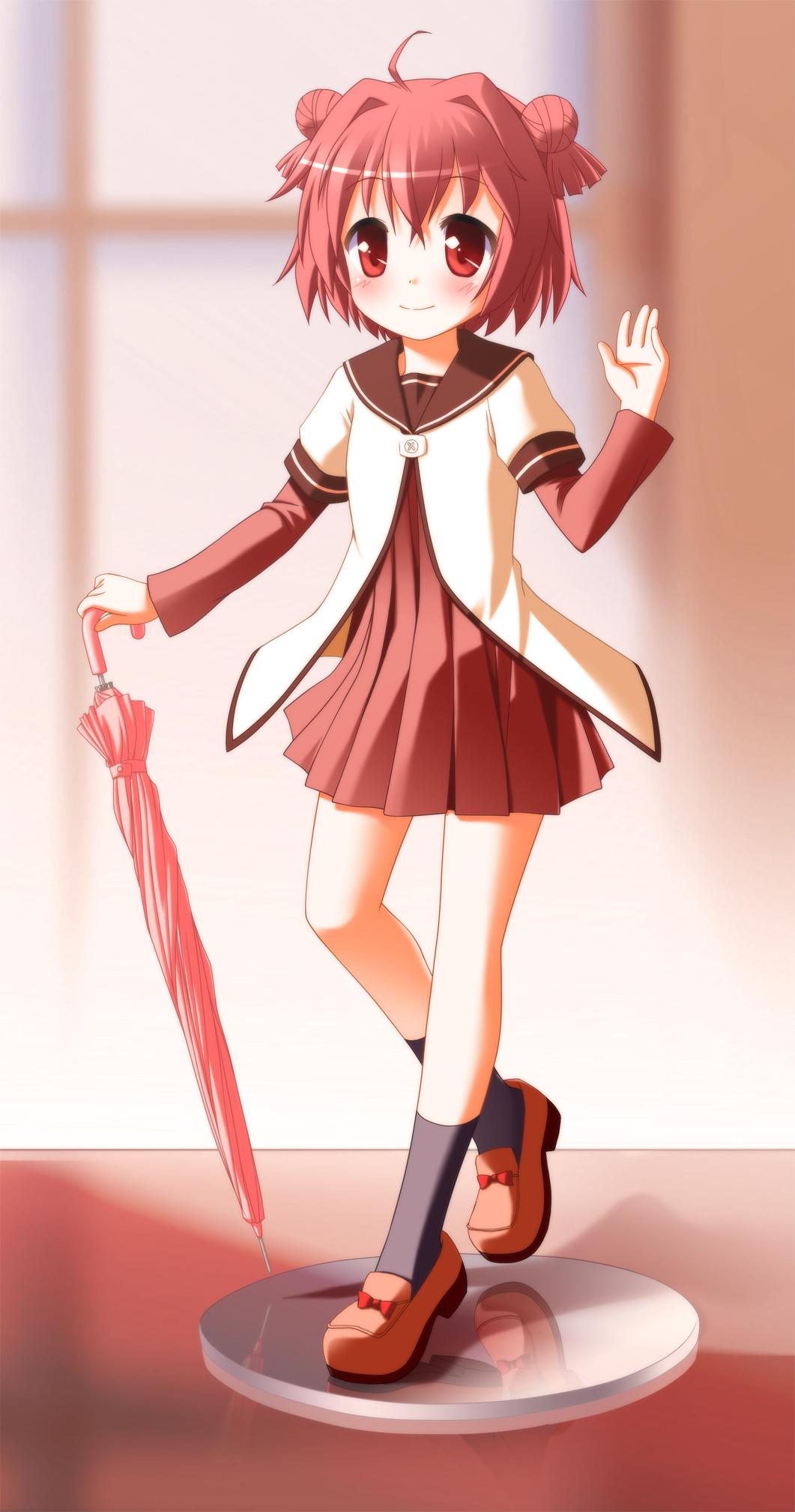 ahoge, akaza_akari, black_legwear, double_bun, footwear, hair_bun, highres, red_eyes