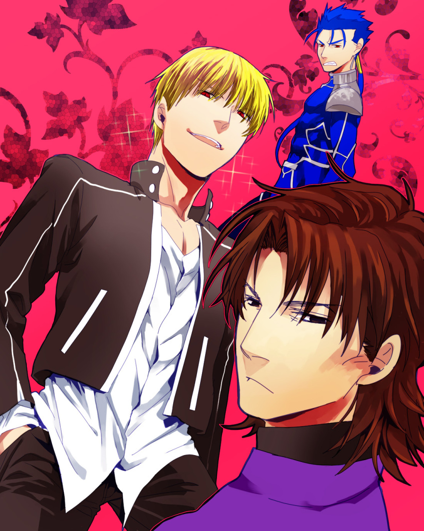 blonde_hair, blue_hair, brown_eyes, brown_hair, casual, earrings, fate/stay_night, fate_(series)