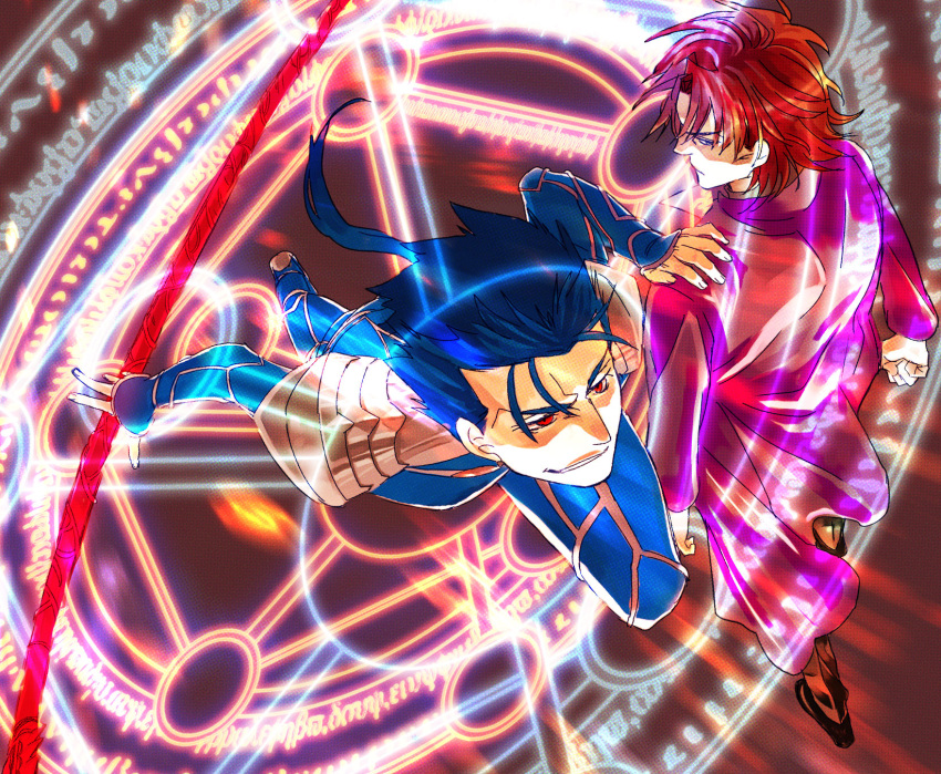 action, blue_hair, brown_eyes, brown_hair, cassock, earrings, fate/stay_night, fate_(series)