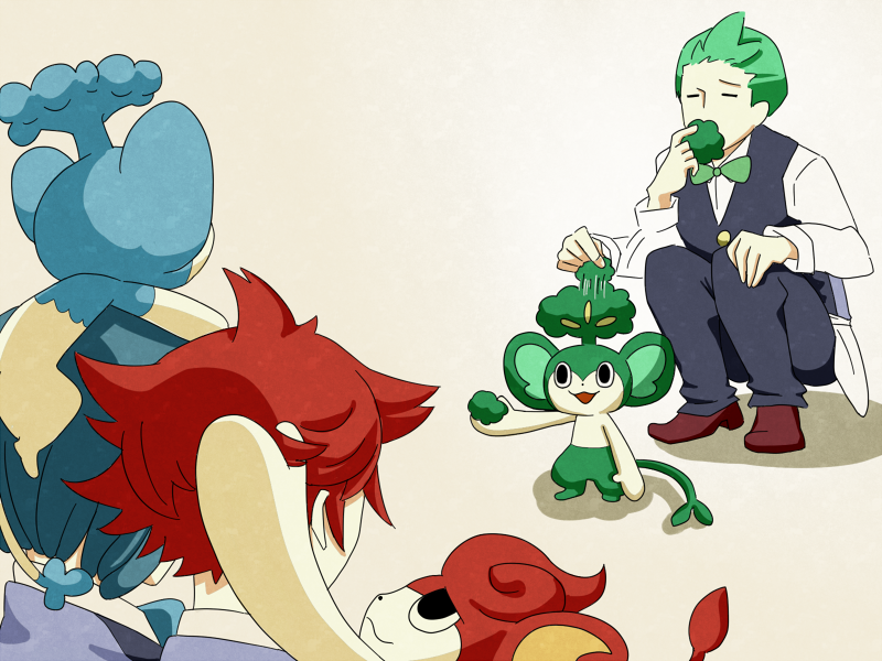 3boys, blue_hair, corn_(pokemon), dent_(pokemon), eating, green_hair, grinning_cheshire_cat, multiple_boys, panpour, pansage, pansear, pod_(pokemon), pokemon, pokemon_(creature), pokemon_(game), pokemon_bw, red_hair, redhead