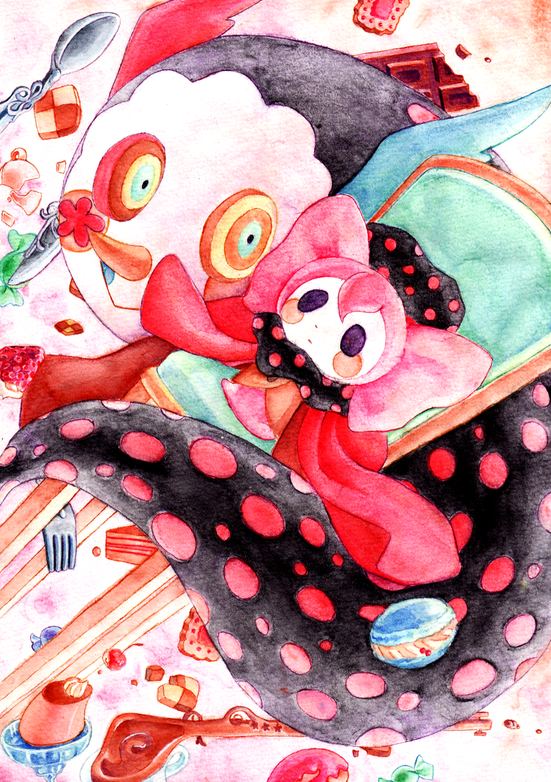 charlotte_(madoka_magica), checkerboard_cookie, cookie, food, grinning_cheshire_cat, mahou_shoujo_madoka_magica, monster, no_humans, pudding, sweets, traditional_media, watercolor_(medium)
