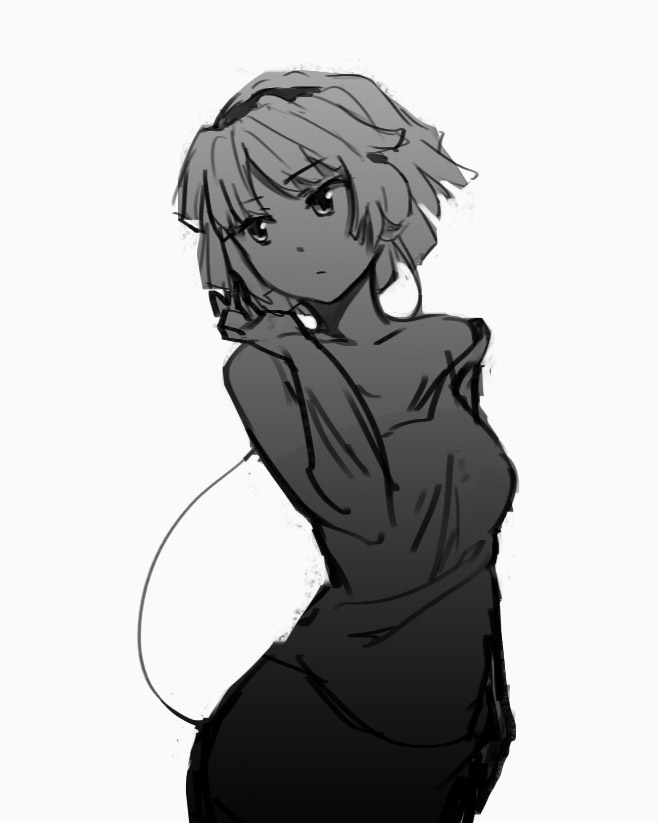 adjusting_glasses, cradle-song, glasses, headphones, karin_(cradle-song), karin_(pas), monochrome, off_shoulder