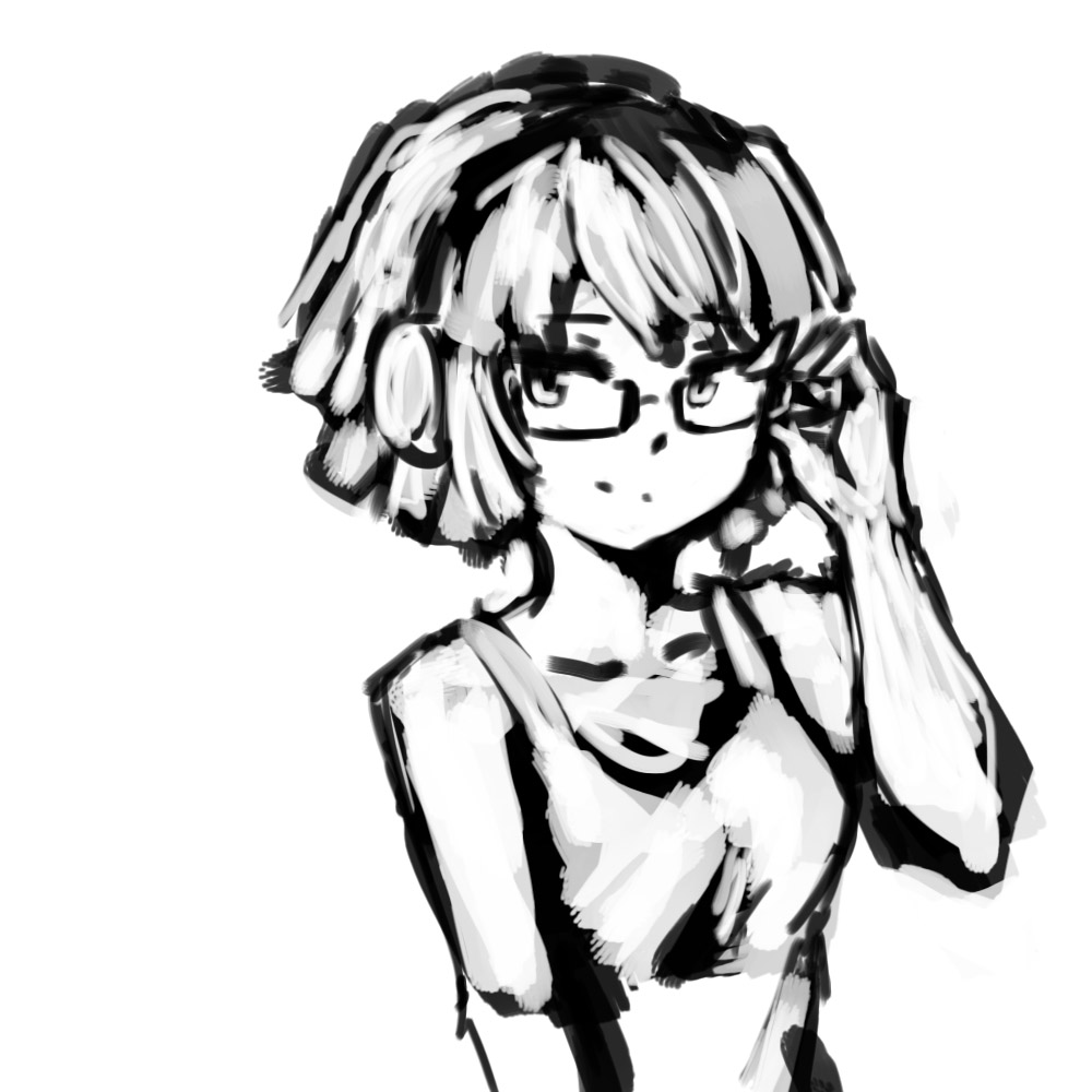 adjusting_glasses, bare_shoulders, cradle-song, glasses, headphones, karin_(cradle-song), karin_(pas), monochrome