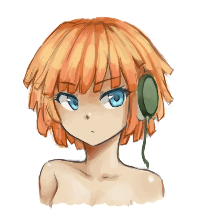 bare_shoulders, blue_eyes, bust, cradle-song, headphones, karin_(cradle-song), karin_(pas), orange_hair