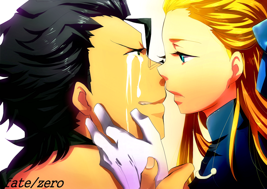 1girl, 1nagaosa, black_hair, blonde_hair, blue_eyes, fate/zero, fate_(series), genderswap