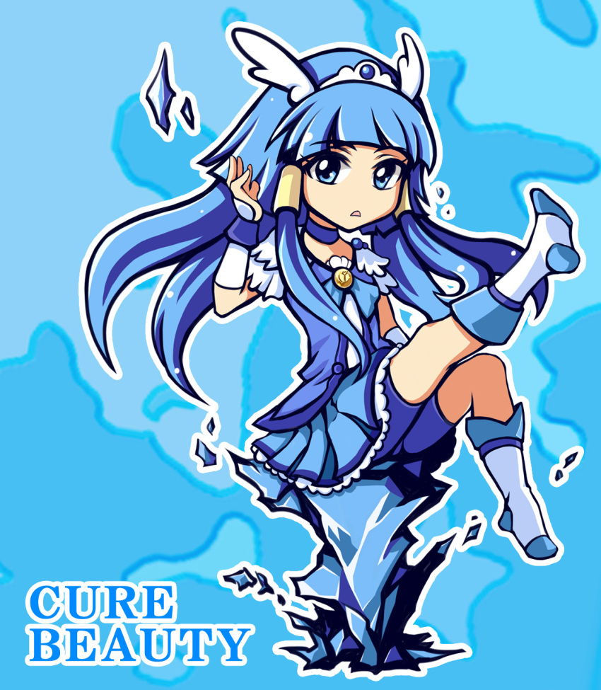 aoki_reika, bike_shorts, blue, blue_background, blue_dress, blue_eyes, blue_hair, boots
