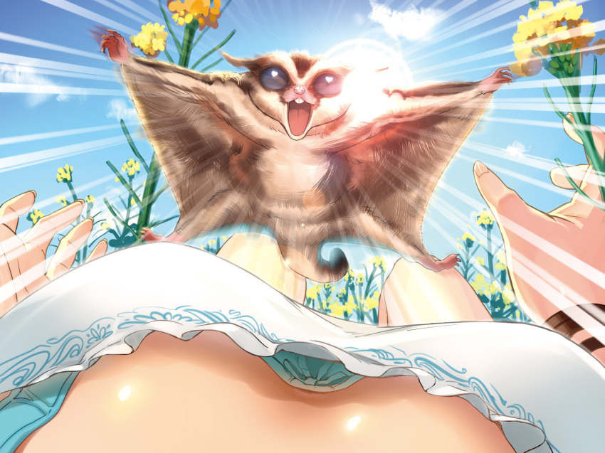andou_chikanori, animal, bat, bra, breasts, cleavage, down_blouse, flower
