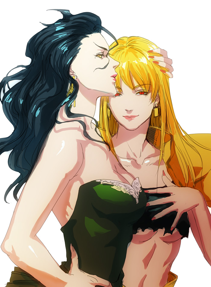 ahoge, bare_shoulders, black_hair, blonde_hair, breasts, cleavage, dress, earrings