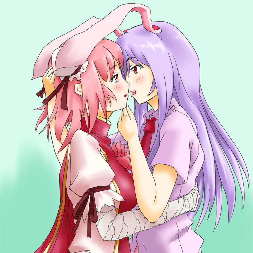 animal_ears, bandage, bandages, blue_hair, bunny_ears, double_bun, dress_shirt, flower