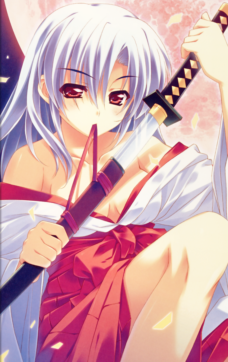 artist_request, breasts, cleavage, full_moon, highres, japanese_clothes, katana, kimono