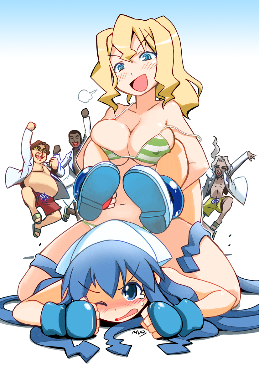 3boys, bikini, blonde_hair, blue_eyes, blue_hair, breast_press, breasts, cindy_campbell
