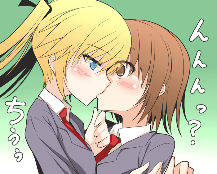 blonde_hair, blue_hair, brown_eyes, brown_hair, kill_me_baby, kiss, long_hair, multiple_girls