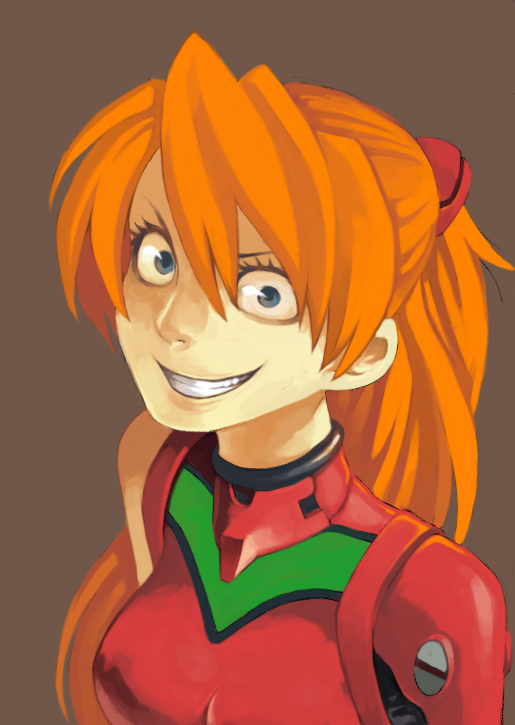 blue_eyes, breasts, crazy_eyes, grin, hair_ornament, long_hair, moge_(artist), neon_genesis_evangelion